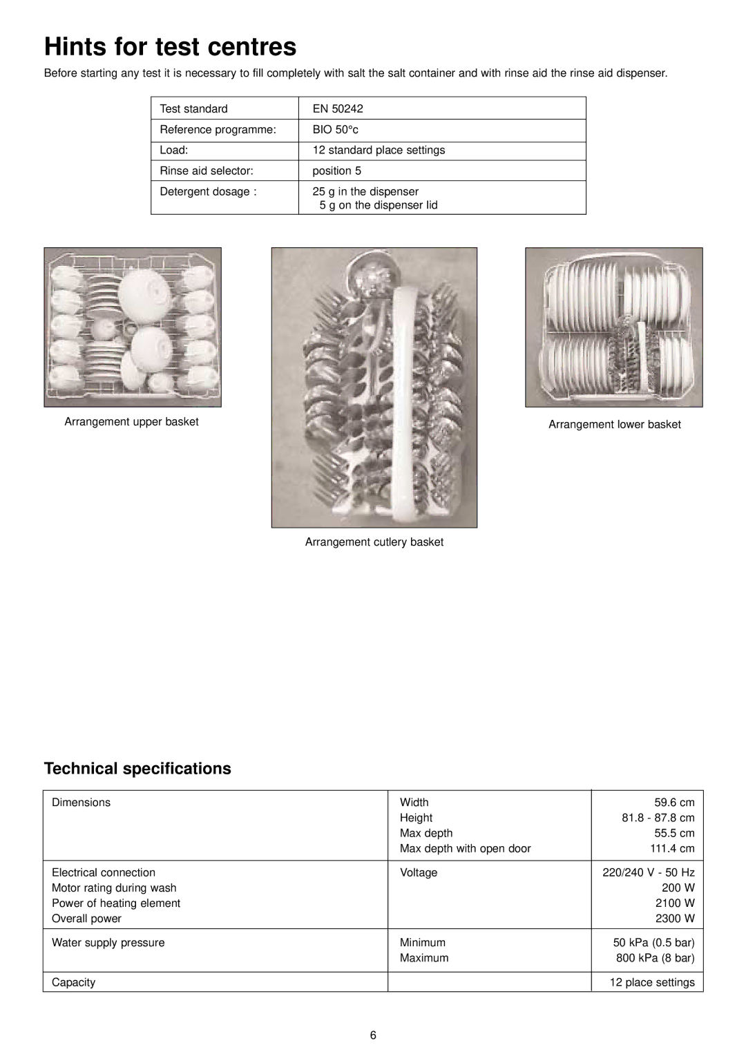 Zanussi ZDT 6252 manual Hints for test centres, Technical specifications 