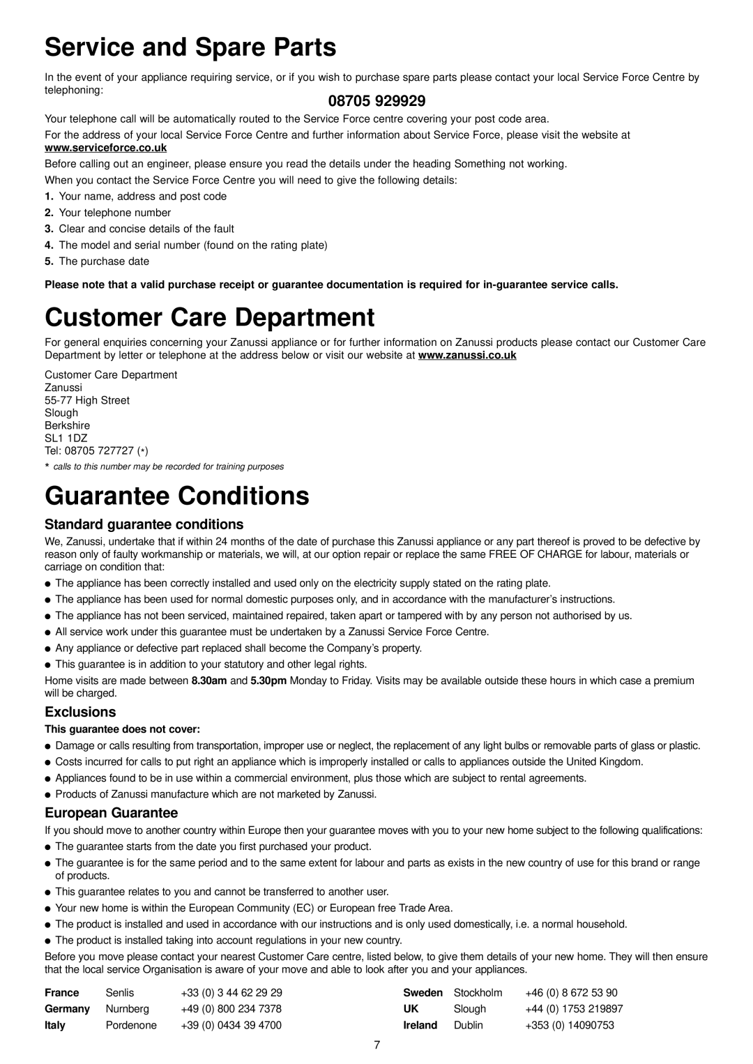 Zanussi ZDT 6252 manual Service and Spare Parts, Customer Care Department, Guarantee Conditions 