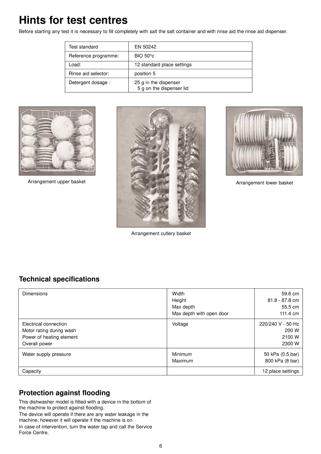 Zanussi ZDT 6253 manual Hints for test centres, Technical specifications, Protection against flooding 