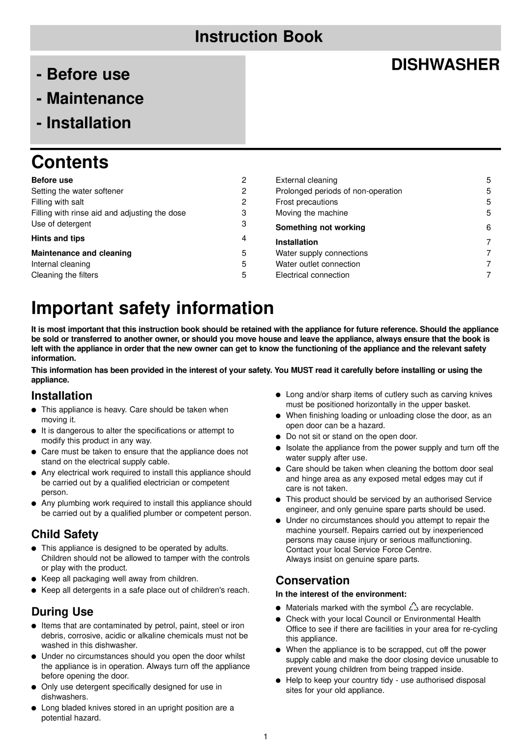 Zanussi ZDT 6253 Contents, Important safety information, Installation, Child Safety, During Use, Conservation, Dishwasher 