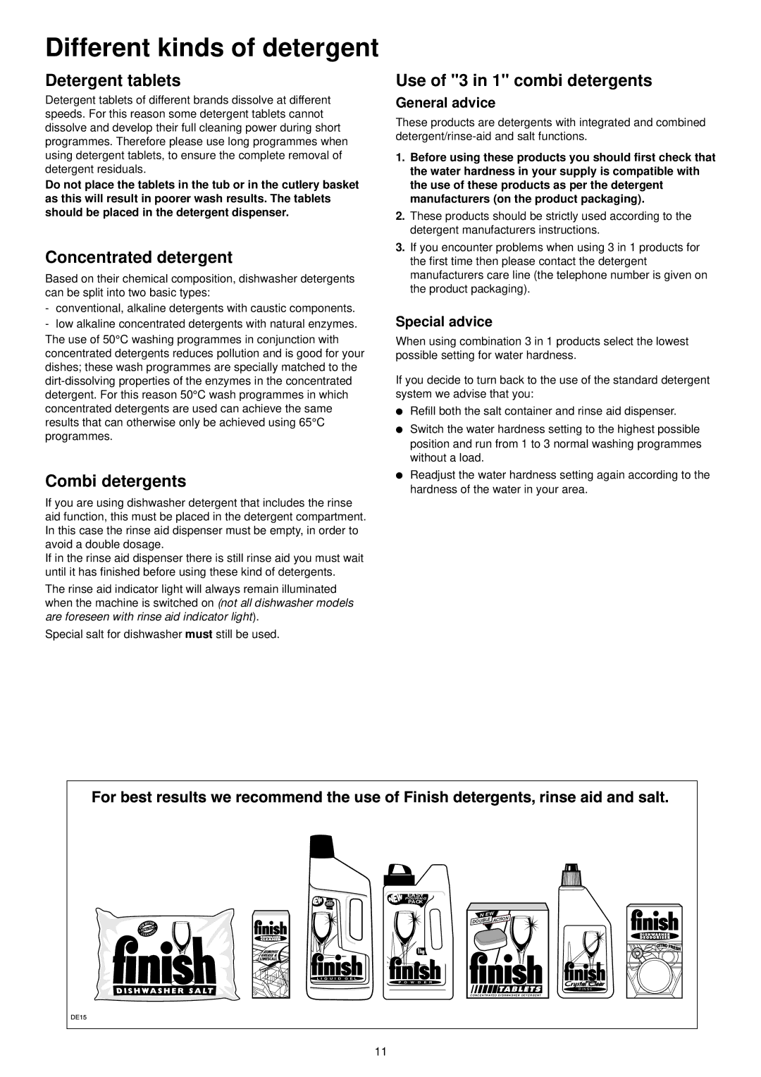 Zanussi ZDT 6255 manual Different kinds of detergent, Detergent tablets, Concentrated detergent, Combi detergents 