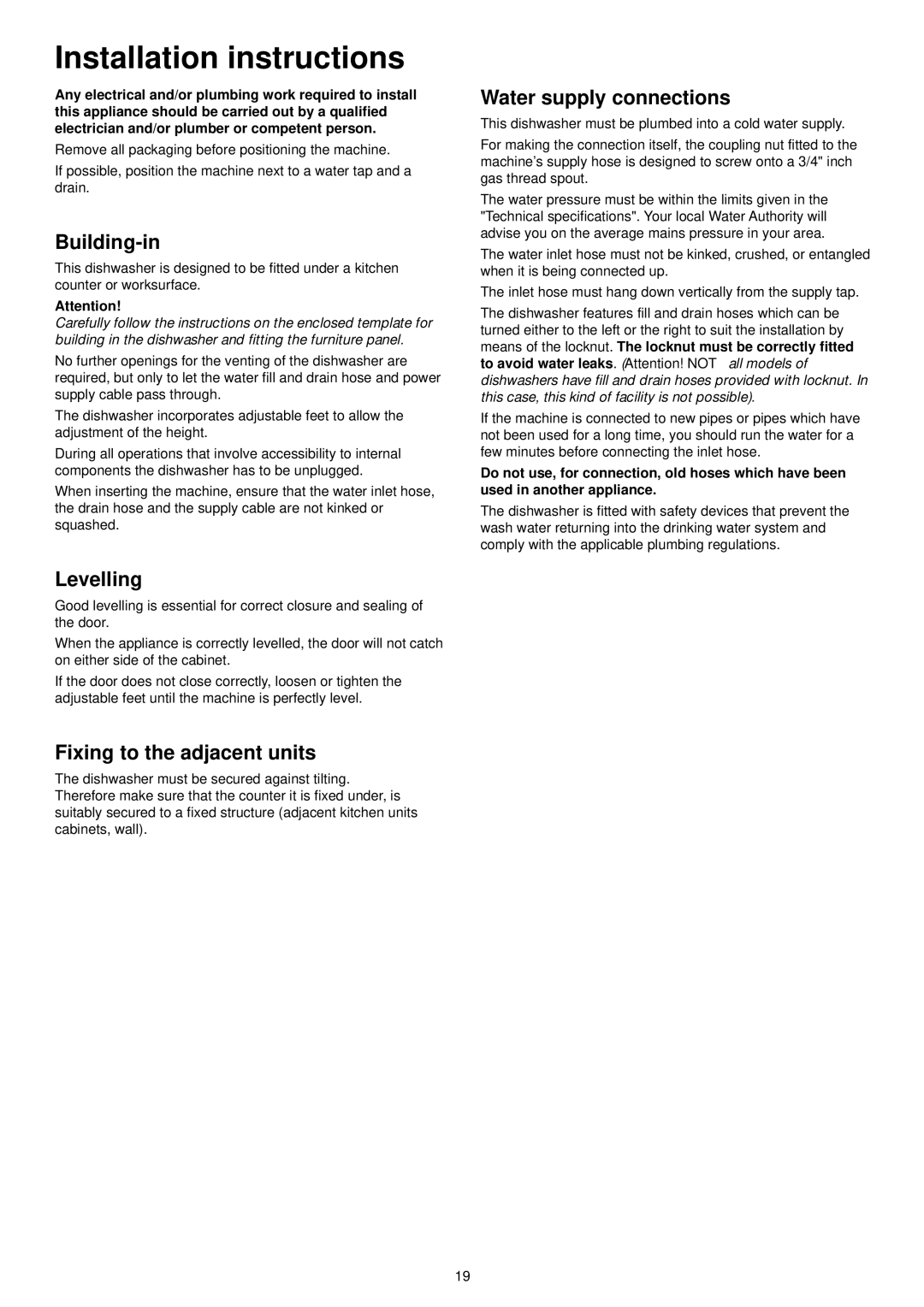 Zanussi ZDT 6255 Installation instructions, Building-in, Levelling, Fixing to the adjacent units, Water supply connections 