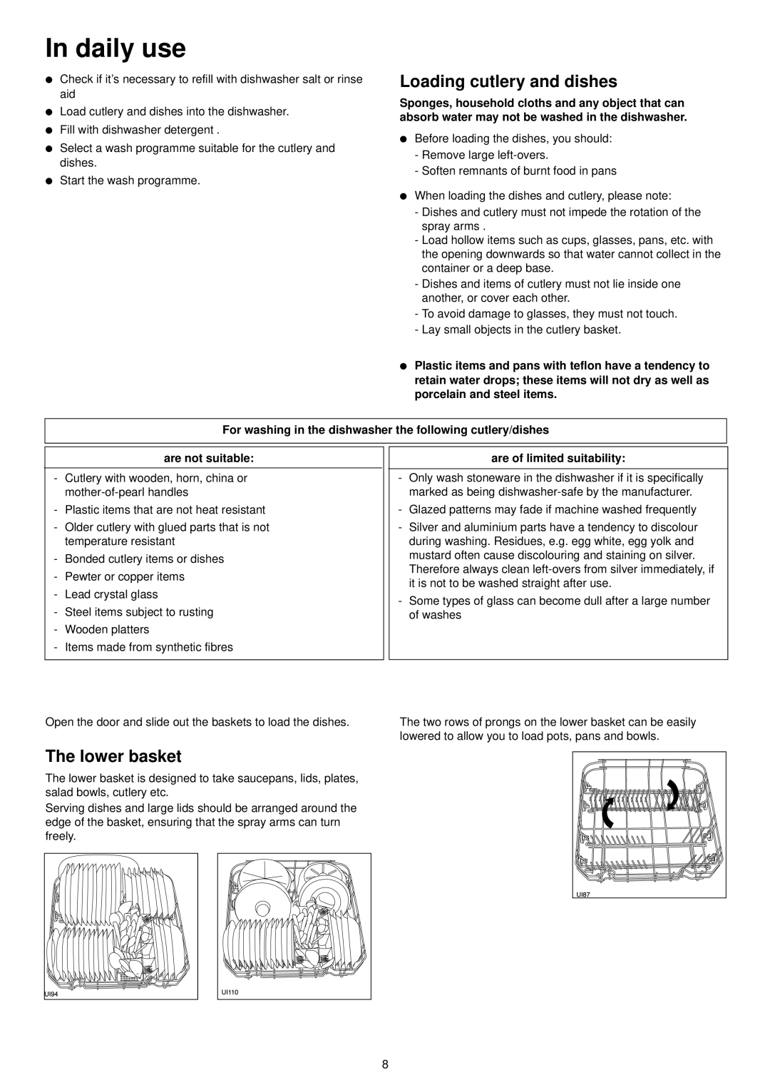 Zanussi ZDT 6255 manual Daily use, Loading cutlery and dishes, Lower basket, Are of limited suitability 