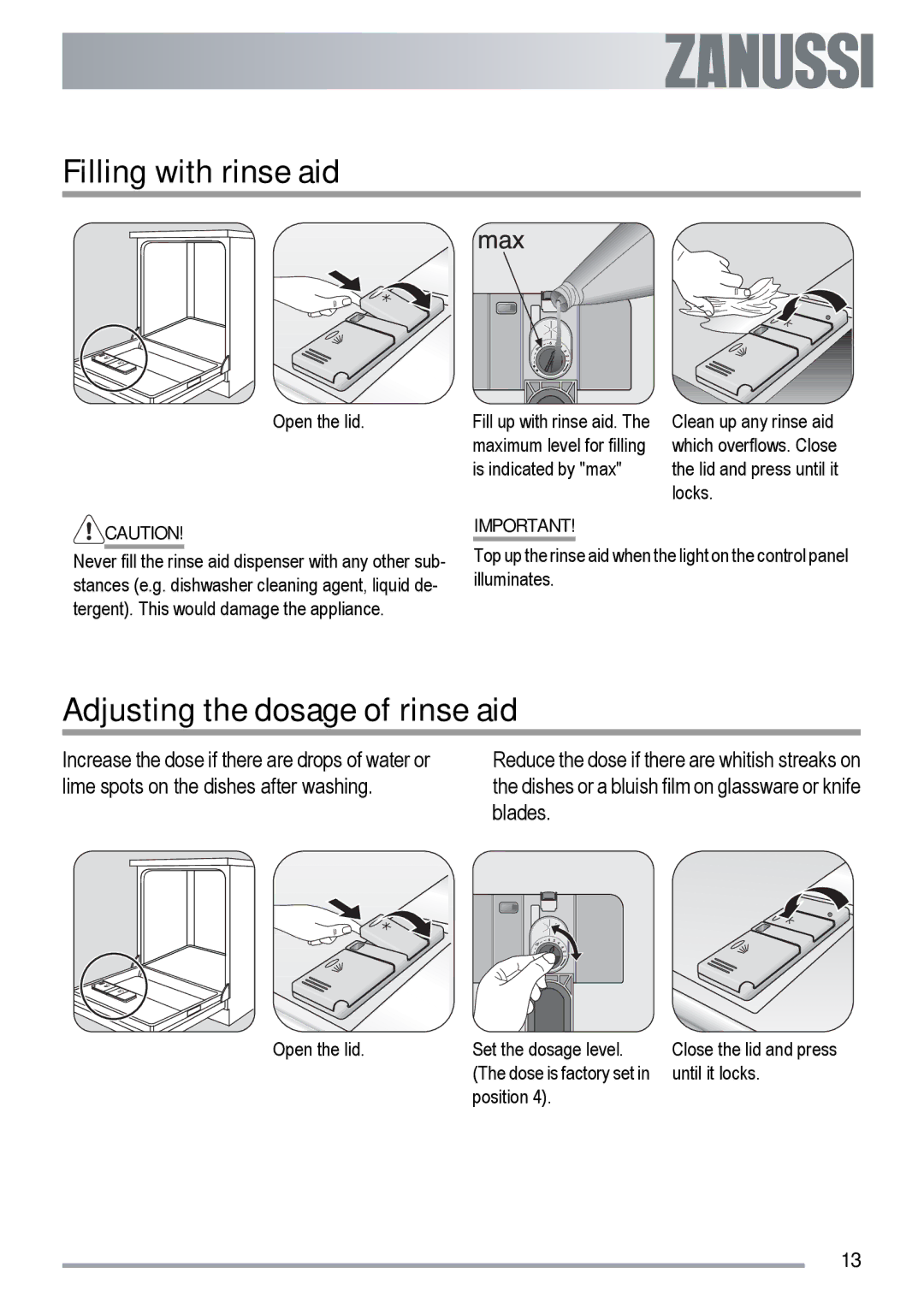 Zanussi ZDT 6454 user manual Filling with rinse aid, Adjusting the dosage of rinse aid 