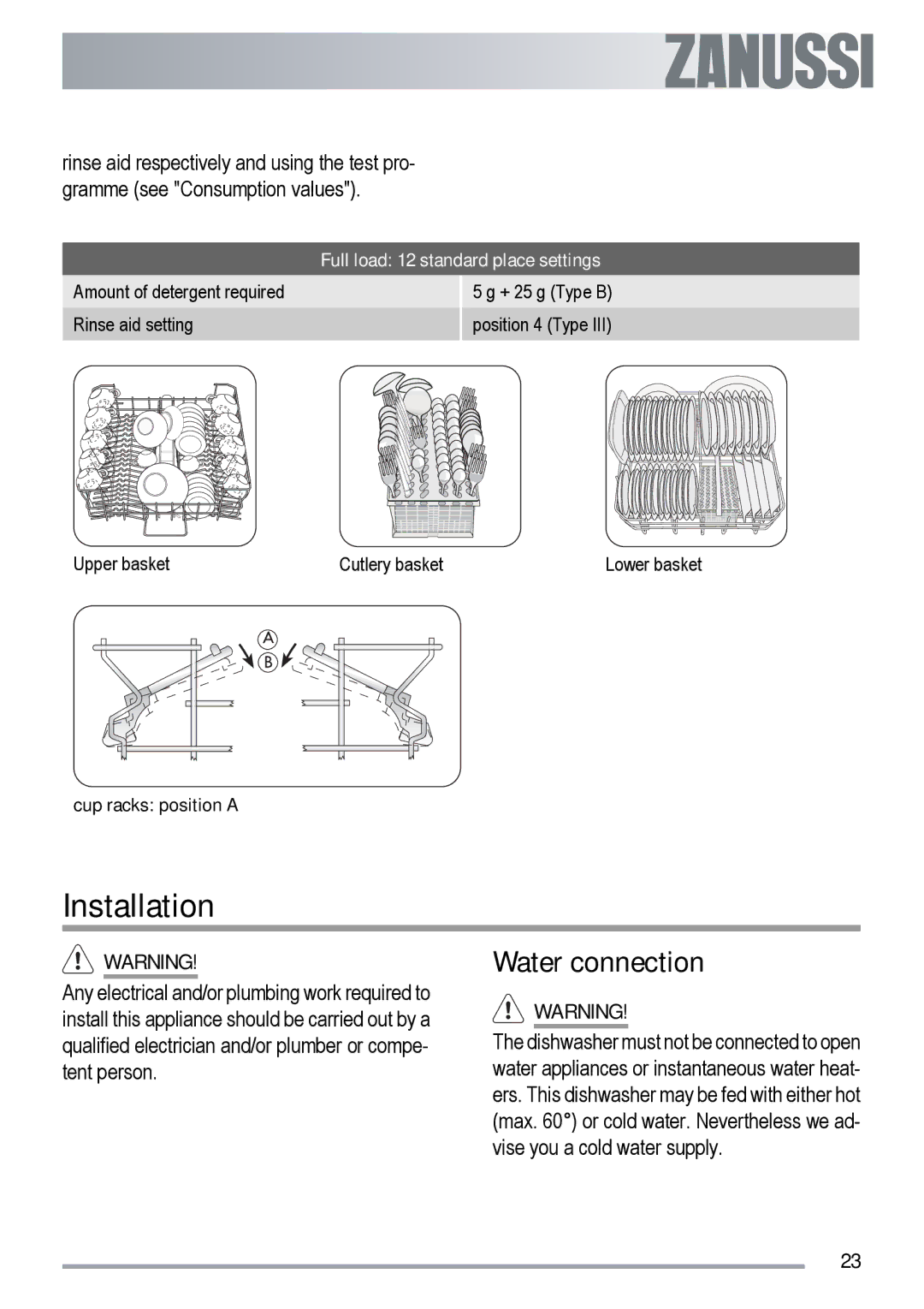 Zanussi ZDT 6454 user manual Installation, Water connection, Full load 12 standard place settings 