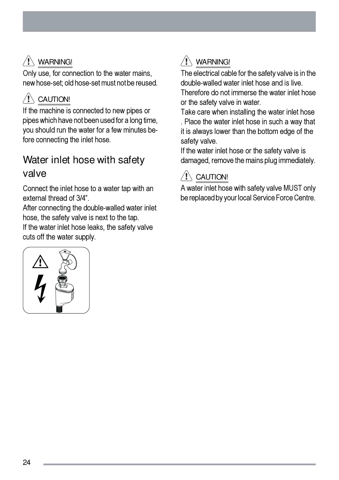 Zanussi ZDT 6454 user manual Water inlet hose with safety valve 