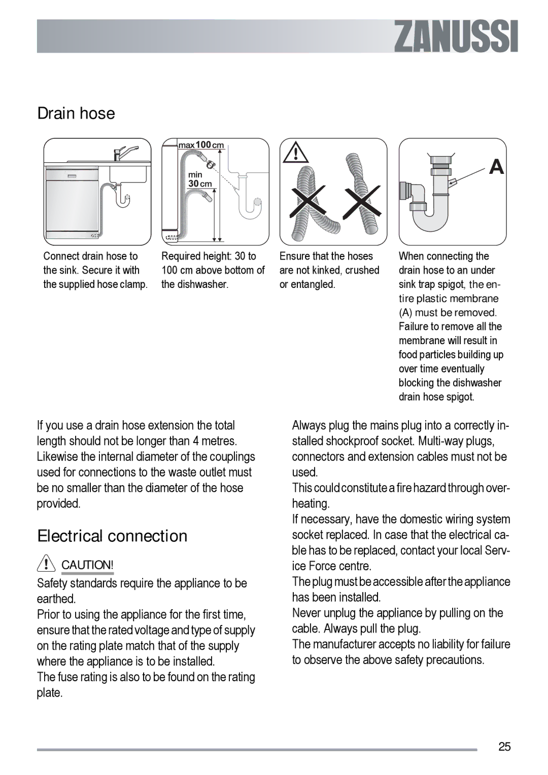 Zanussi ZDT 6454 user manual Drain hose, Electrical connection 