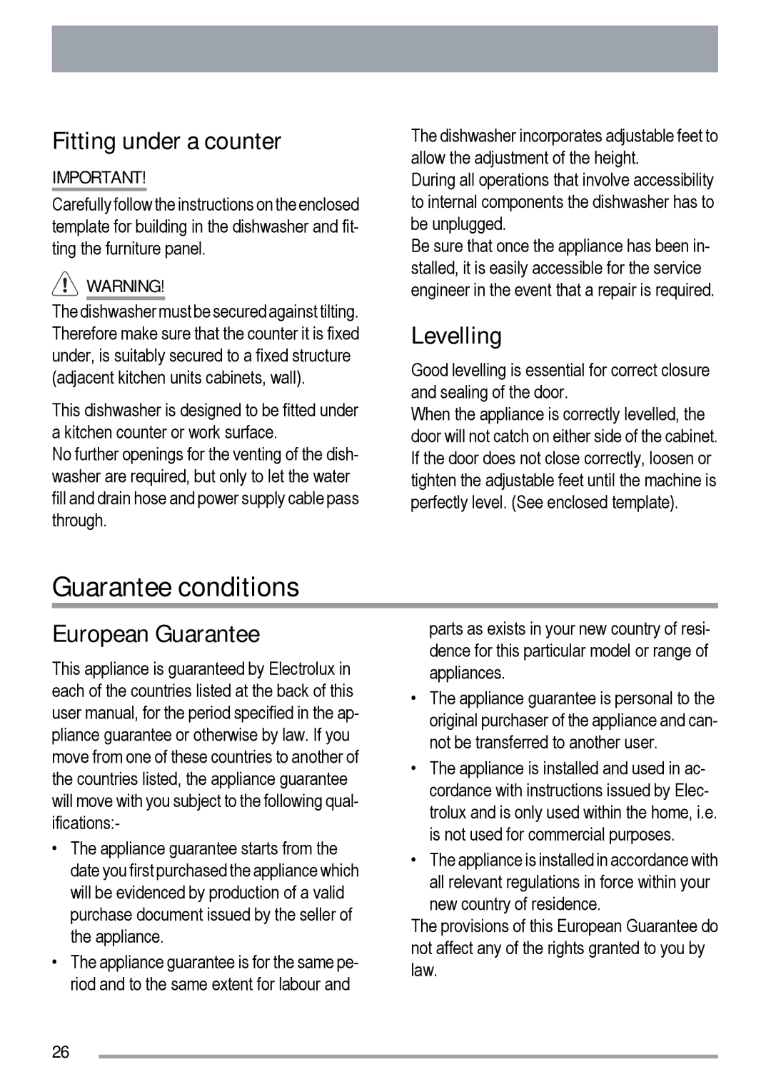 Zanussi ZDT 6454 user manual Guarantee conditions, Fitting under a counter, Levelling, European Guarantee 