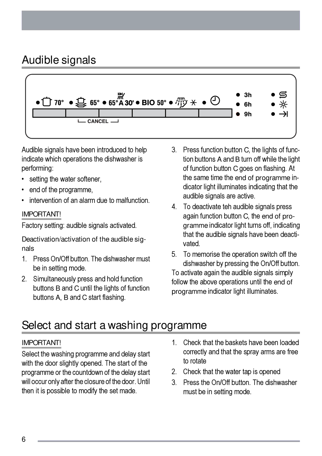 Zanussi ZDT 6454 Audible signals, Select and start a washing programme, Deactivation/activation of the audible sig- nals 