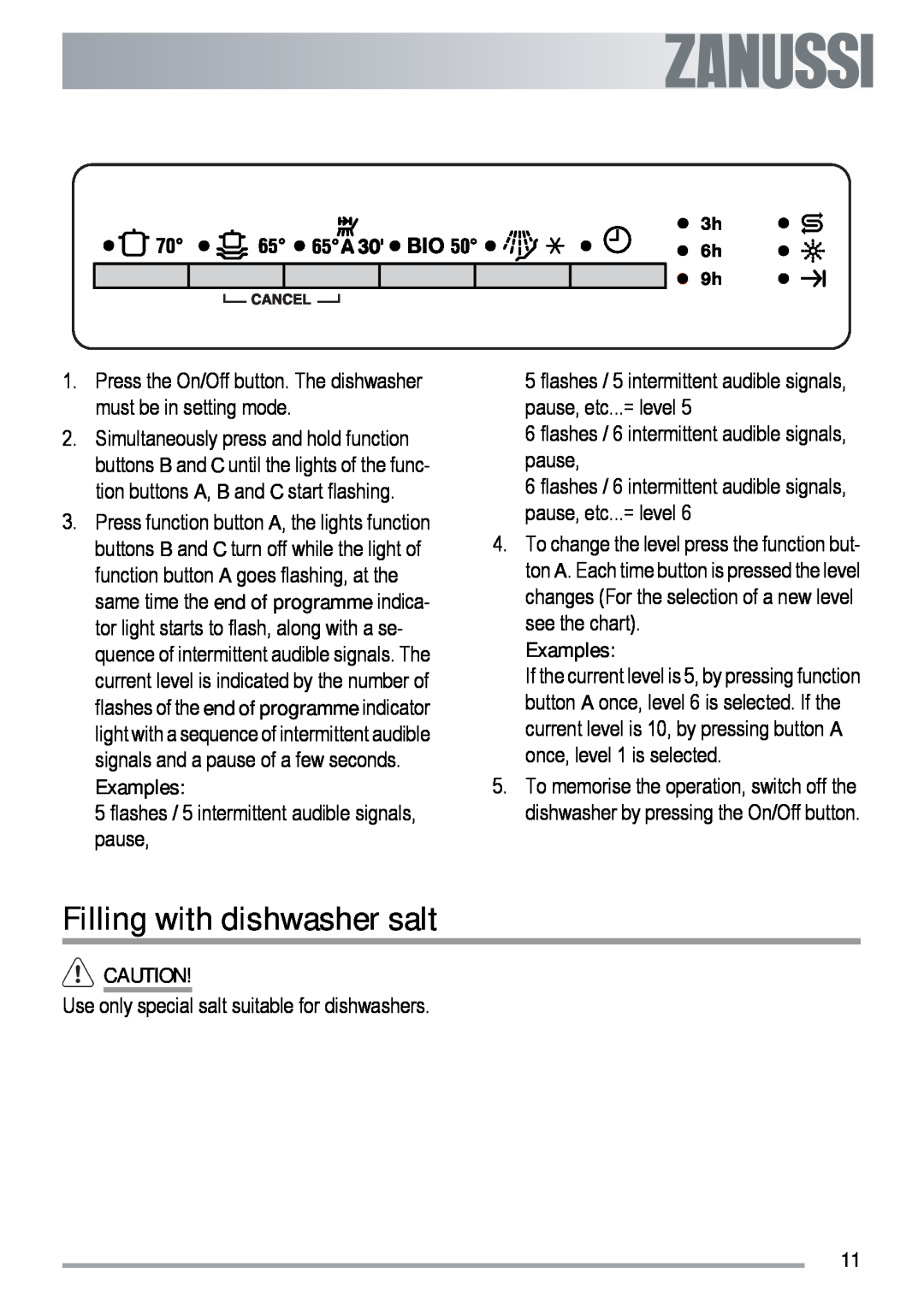 Zanussi ZDT 6454 user manual Filling with dishwasher salt, Examples 