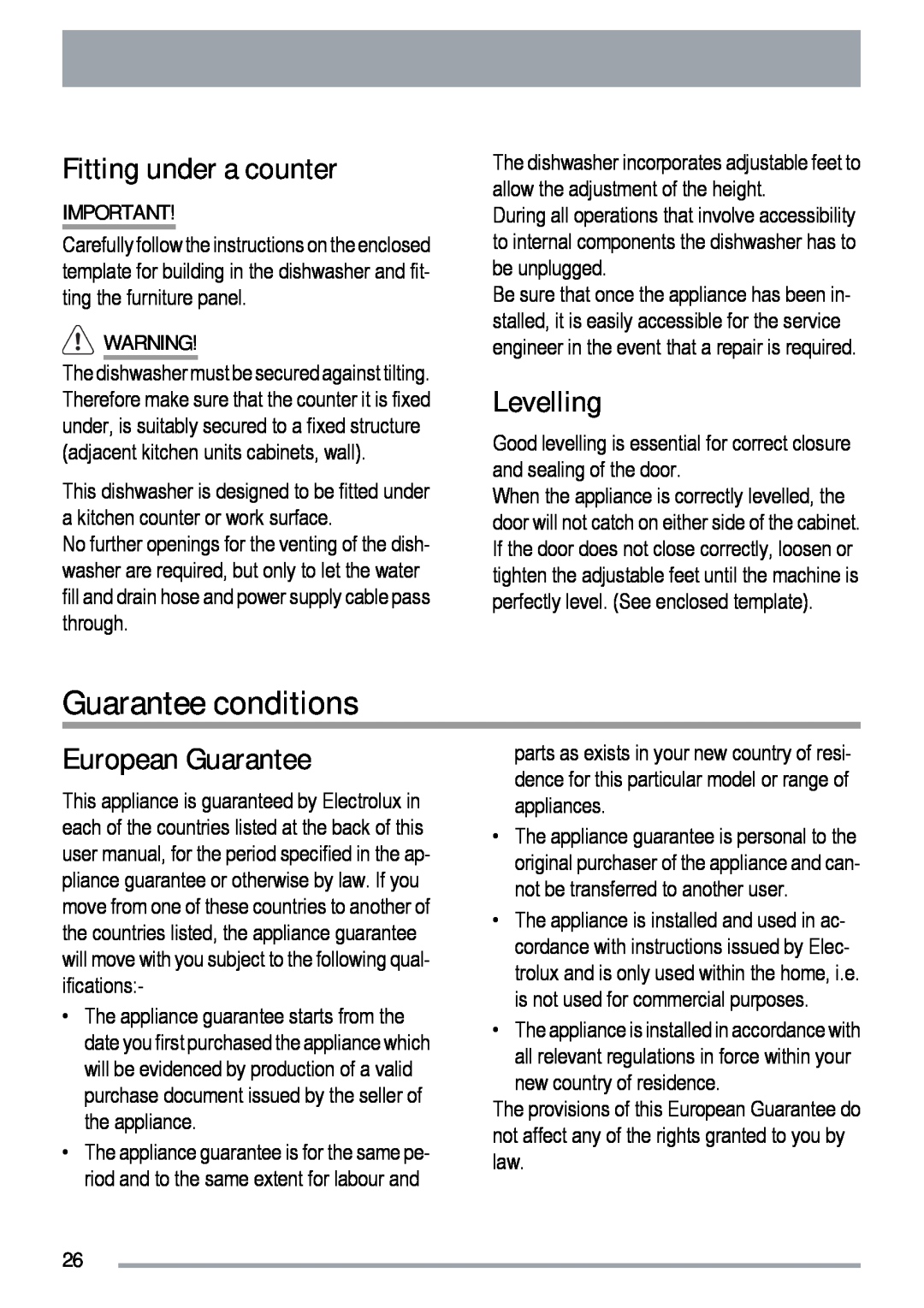 Zanussi ZDT 6454 user manual Guarantee conditions, Fitting under a counter, Levelling, European Guarantee 