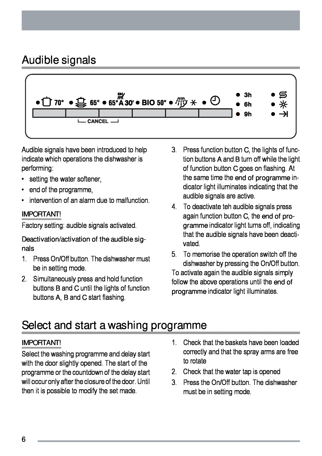 Zanussi ZDT 6454 Audible signals, Select and start a washing programme, Deactivation/activation of the audible sig- nals 
