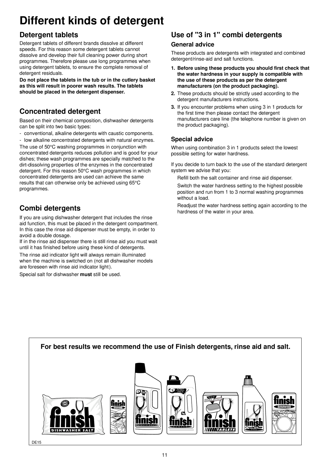 Zanussi ZDT 6764 manual Different kinds of detergent, Detergent tablets, Concentrated detergent, Combi detergents 