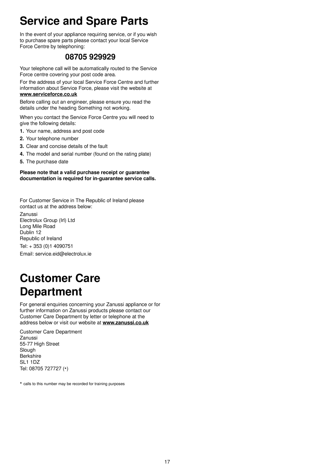 Zanussi ZDT 6764 manual Service and Spare Parts, Customer Care Department, Tel 08705 