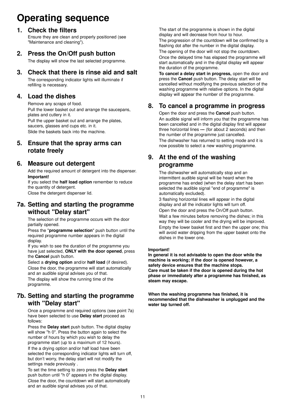 Zanussi ZDT 6894 manual Operating sequence 