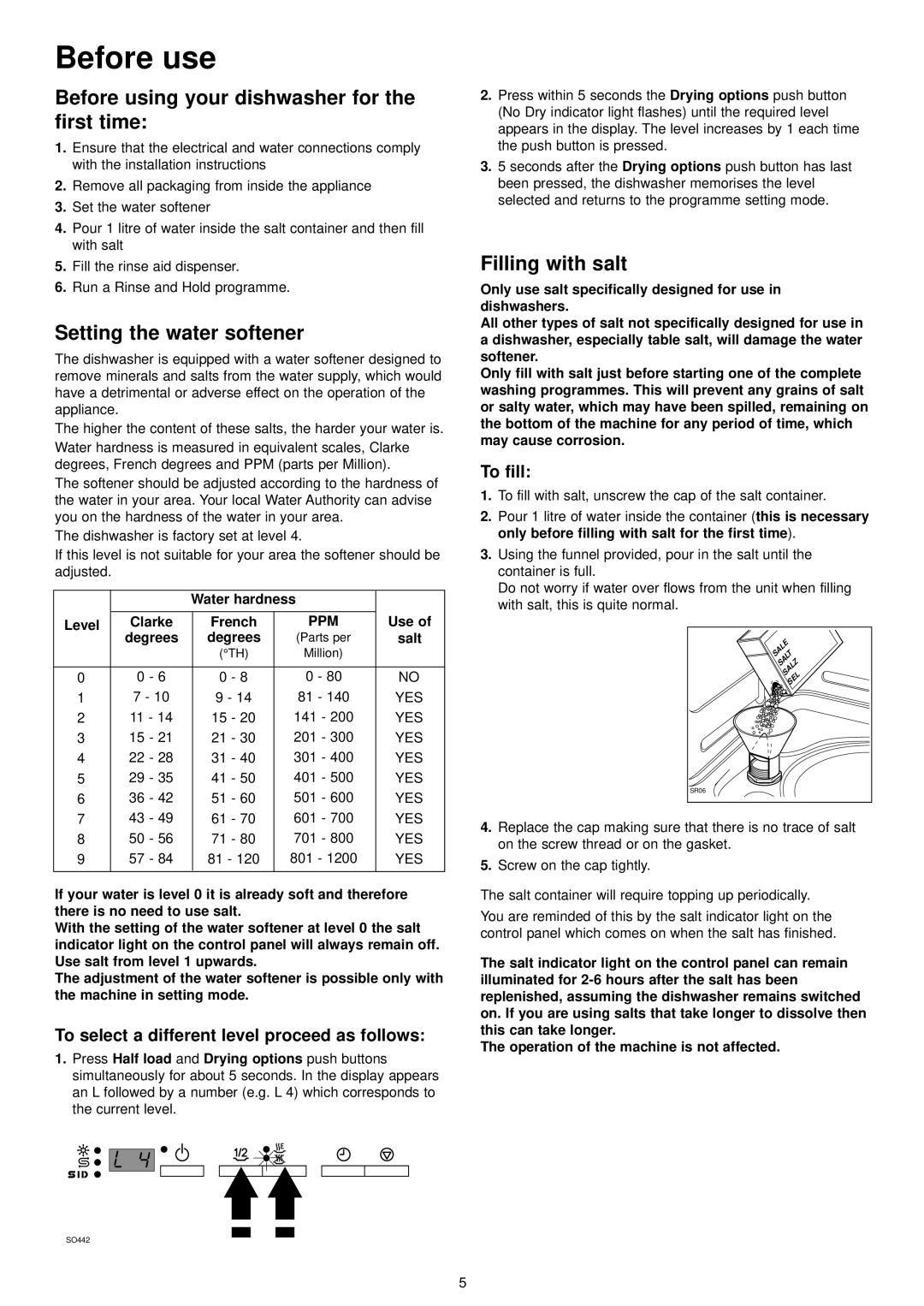 Zanussi ZDT 6894 manual Before use, Setting the water softener, Filling with salt 