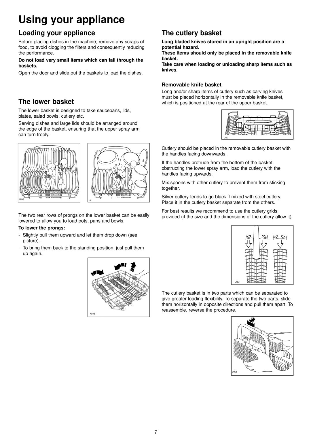 Zanussi ZDT 6894 manual Using your appliance, Loading your appliance, Cutlery basket, Lower basket, To lower the prongs 