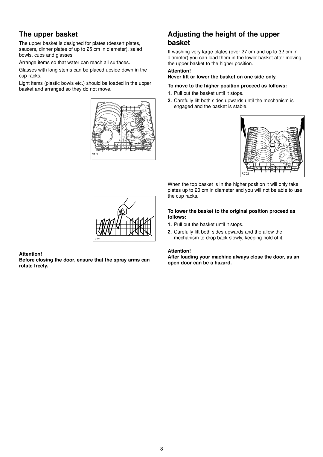 Zanussi ZDT 6894 manual Upper basket, Adjusting the height of the upper basket, Pull out the basket until it stops 