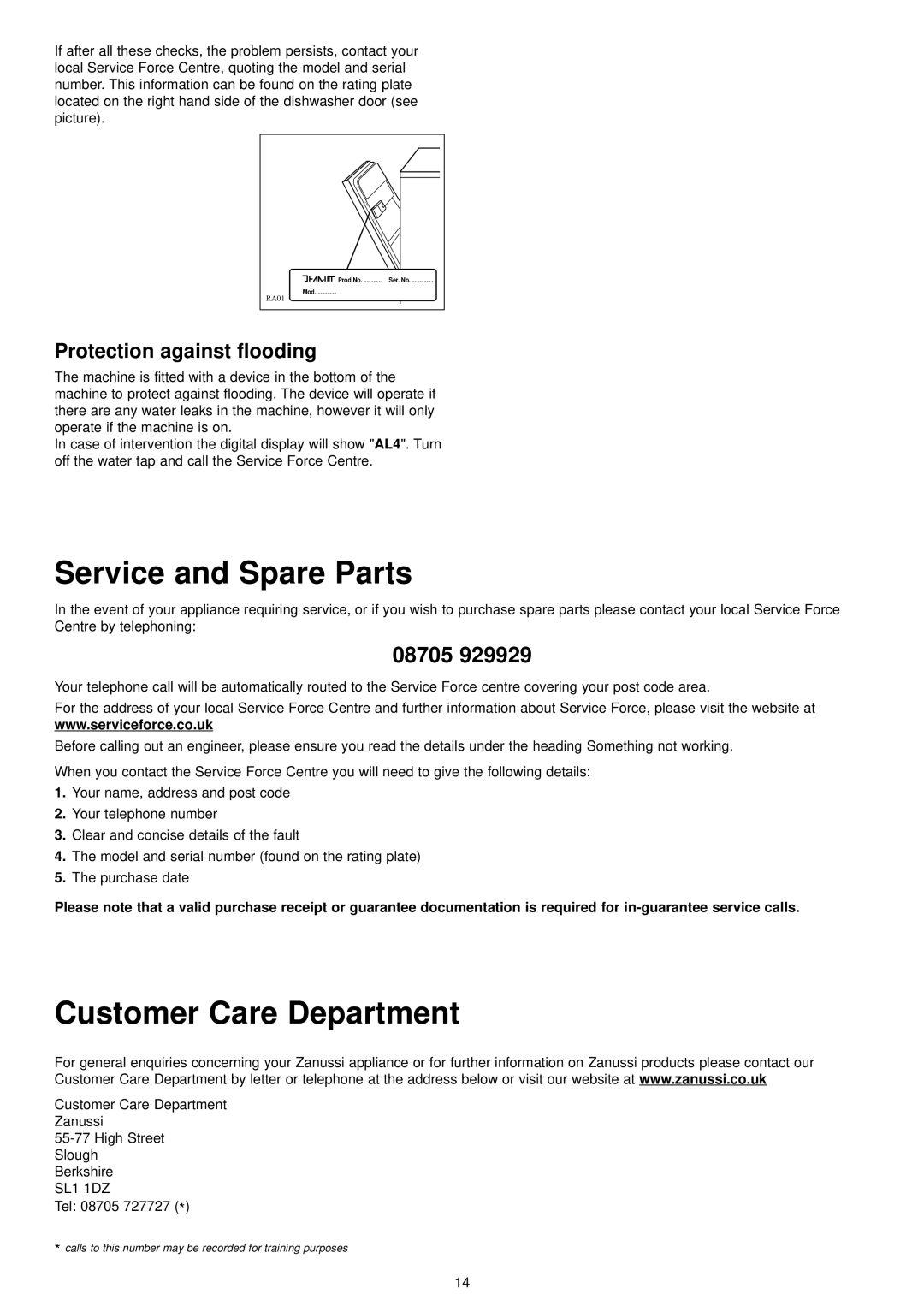 Zanussi ZDT 6894 Service and Spare Parts, Customer Care Department, Protection against flooding, zanussi.co.uk, 08705 