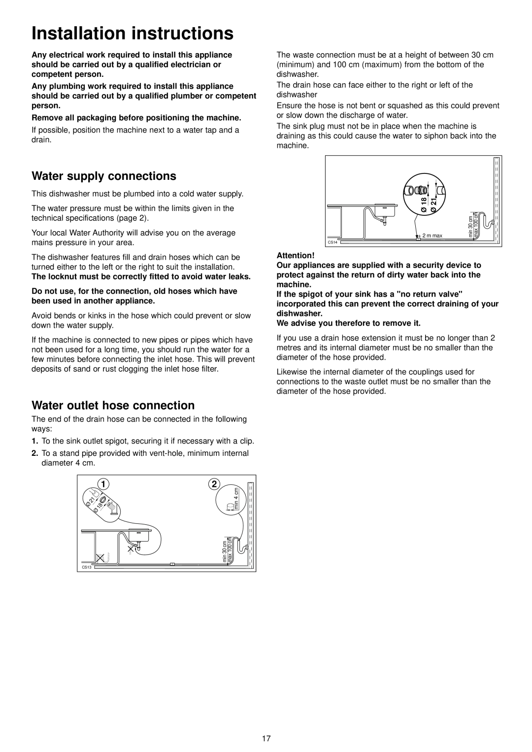 Zanussi ZDT 6894 manual Installation instructions, Water supply connections, Water outlet hose connection 