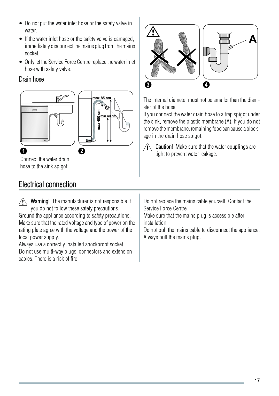 Zanussi ZDT311 user manual Electrical connection, Drain hose 