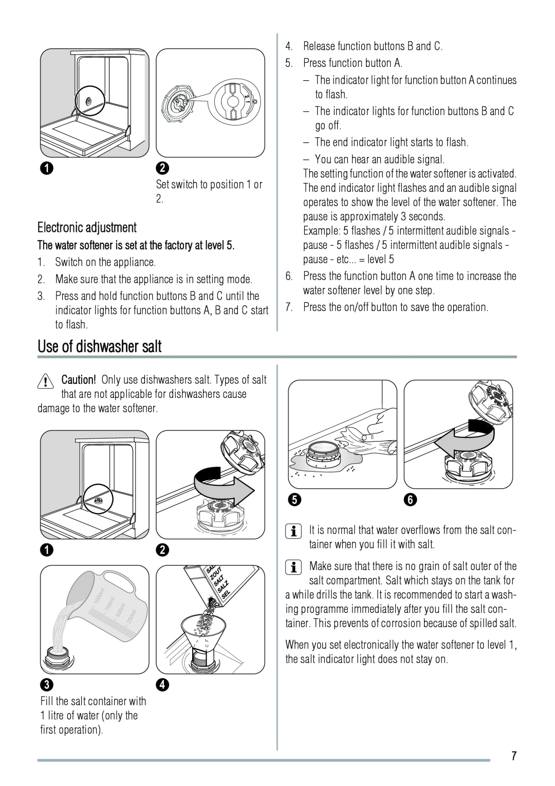 Zanussi ZDT311 user manual Use of dishwasher salt, Electronic adjustment 