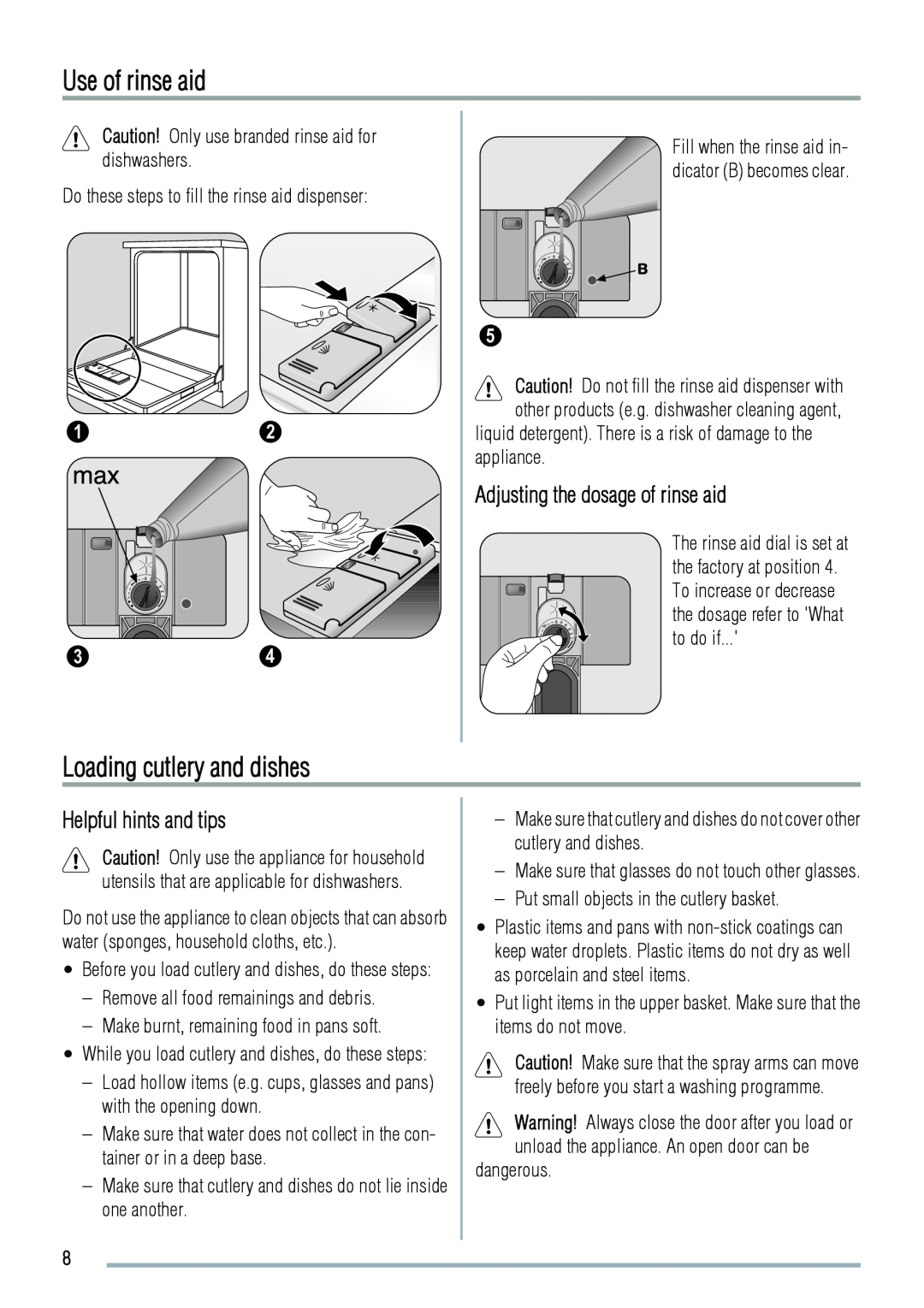 Zanussi ZDT311 Use of rinse aid, Loading cutlery and dishes, Adjusting the dosage of rinse aid, Helpful hints and tips 