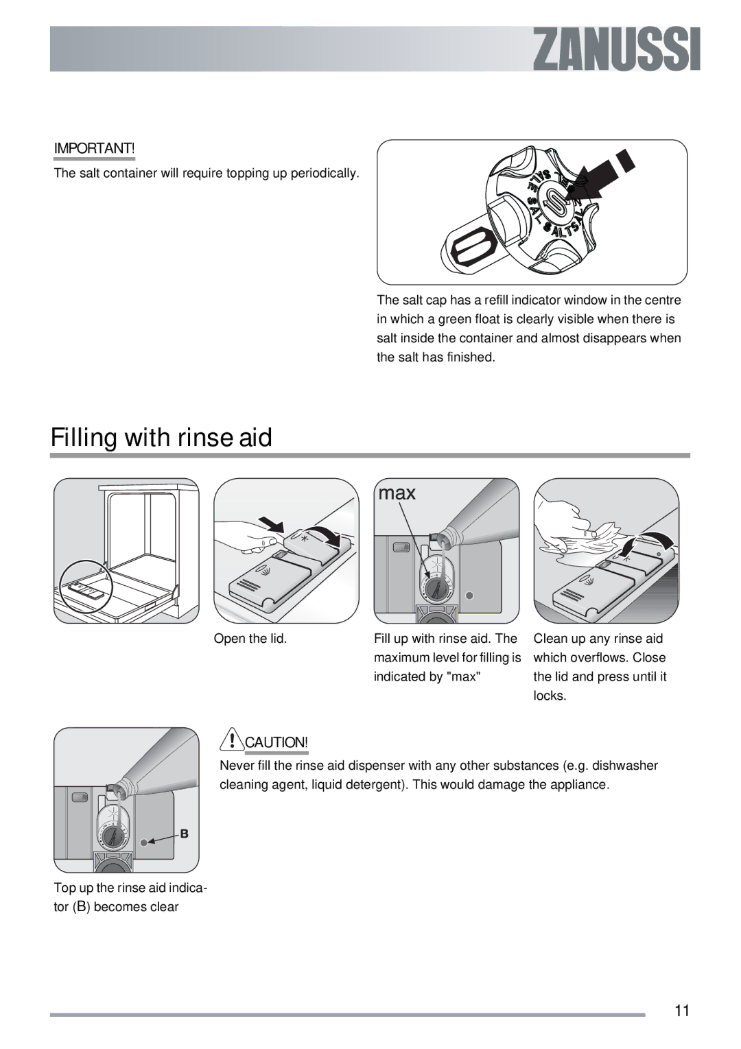 Zanussi ZDT40 user manual Filling with rinse aid 