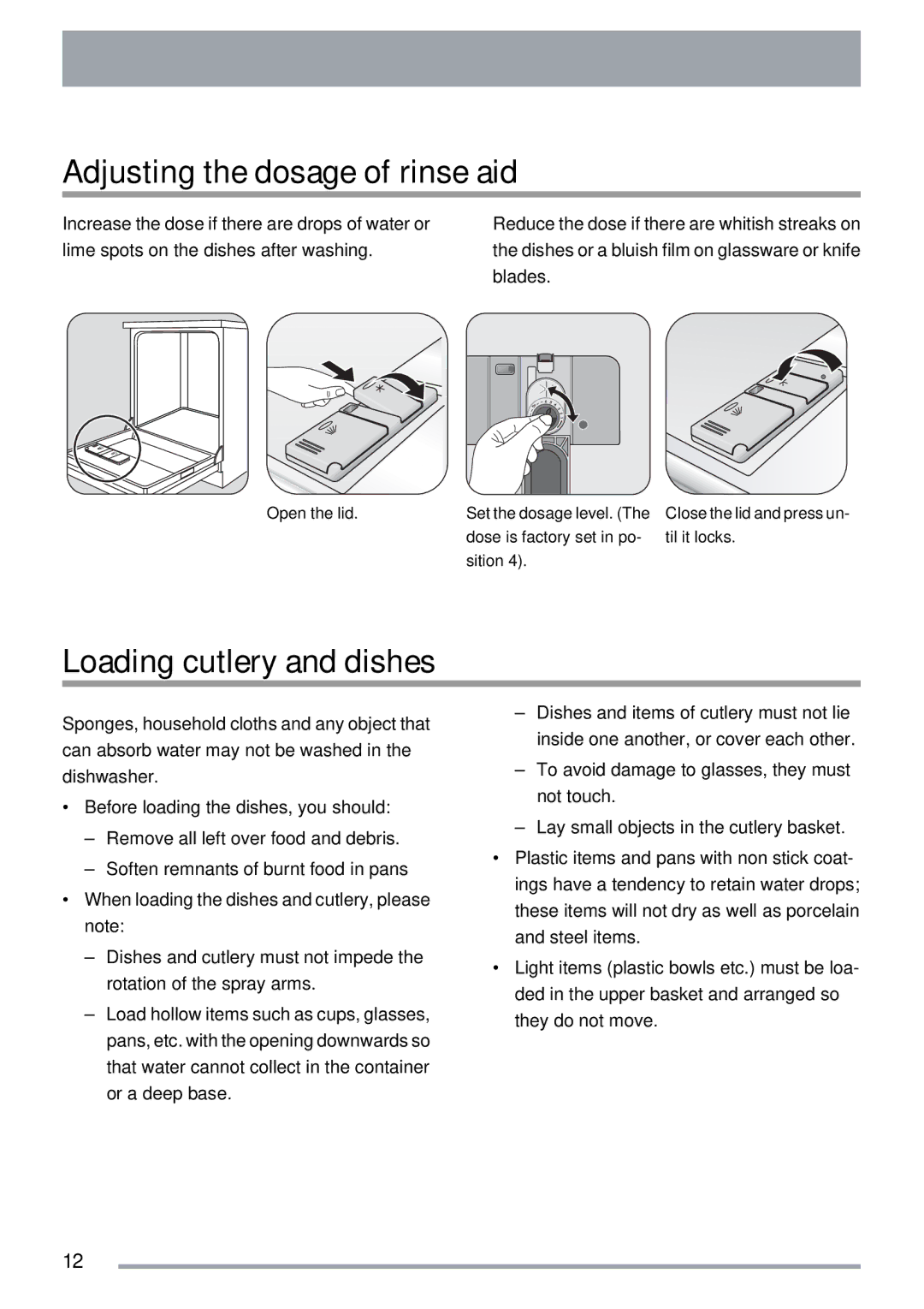 Zanussi ZDT40 user manual Adjusting the dosage of rinse aid, Loading cutlery and dishes 