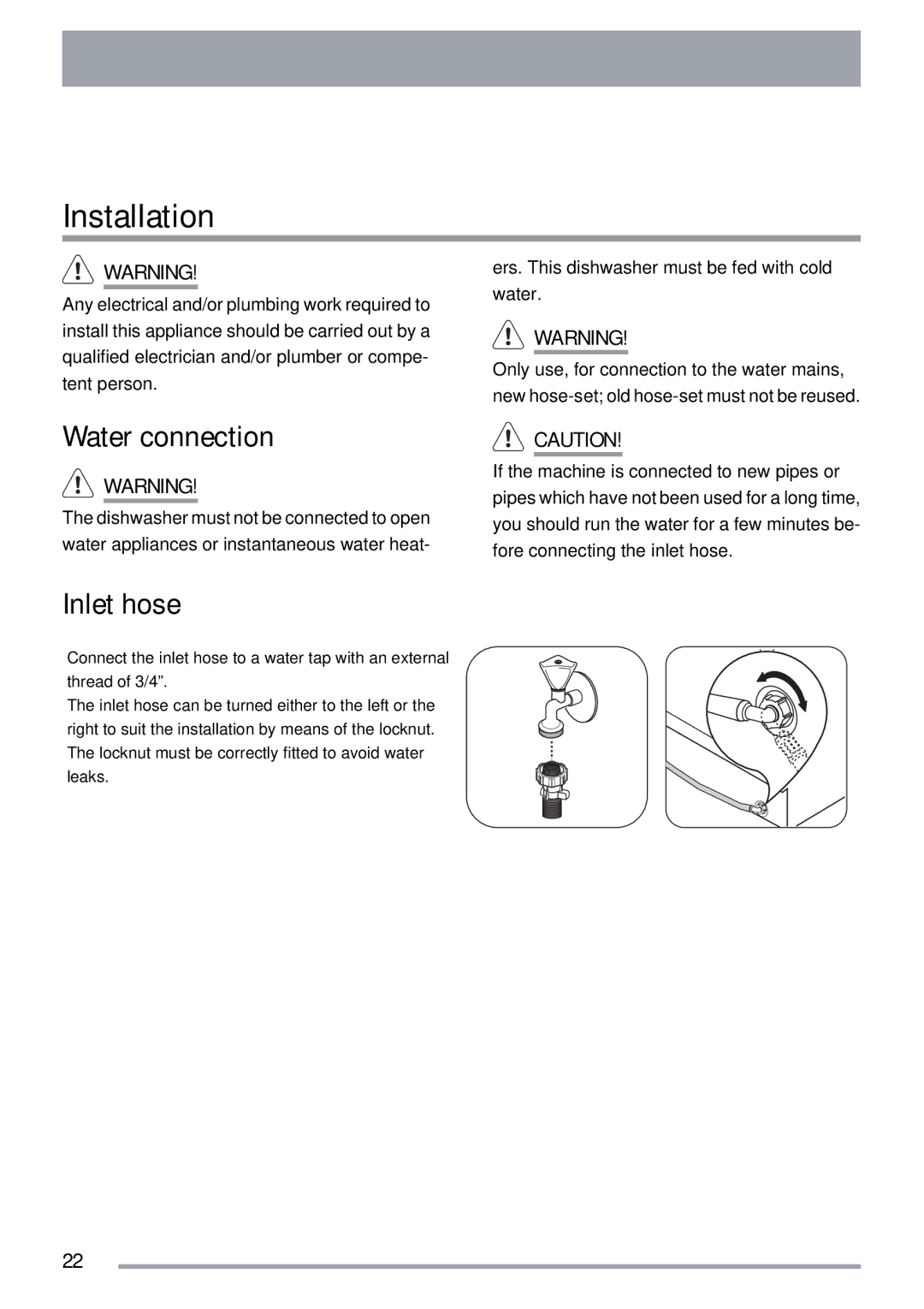 Zanussi ZDT40 user manual Installation, Water connection, Inlet hose 