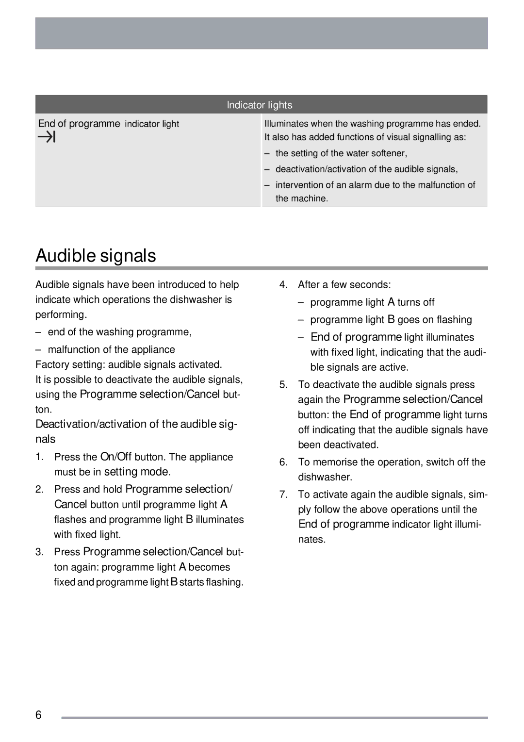 Zanussi ZDT40 user manual Audible signals, Indicator lights 