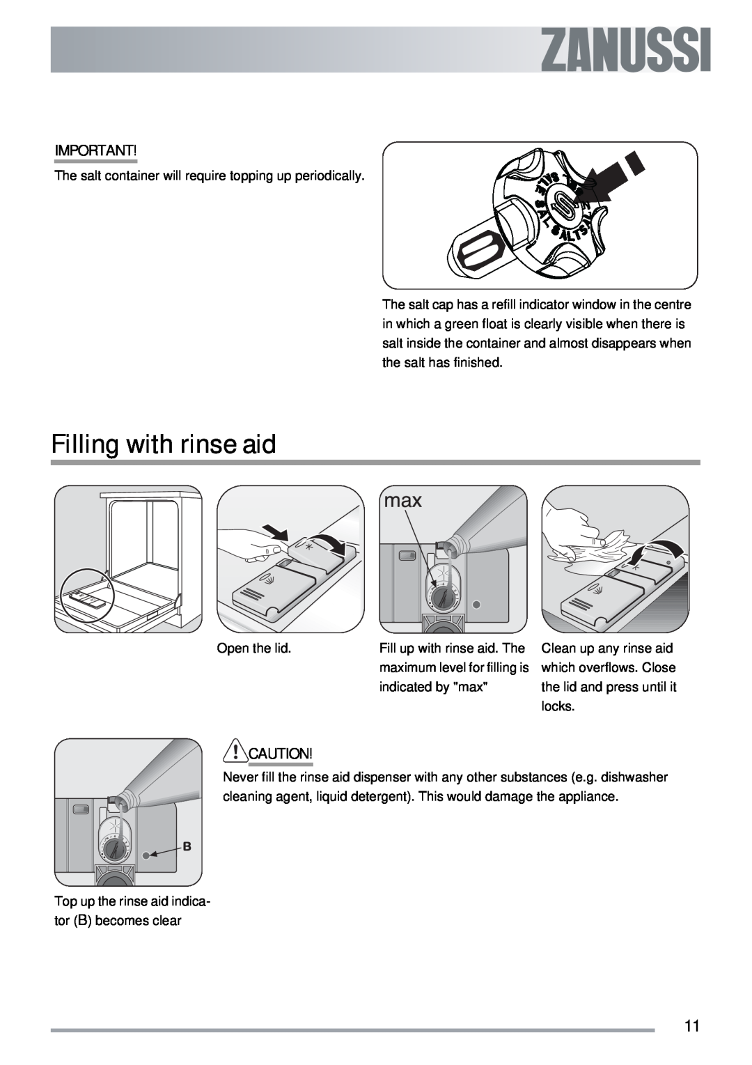 Zanussi ZDT40 user manual Filling with rinse aid, Open the lid, indicated by max 