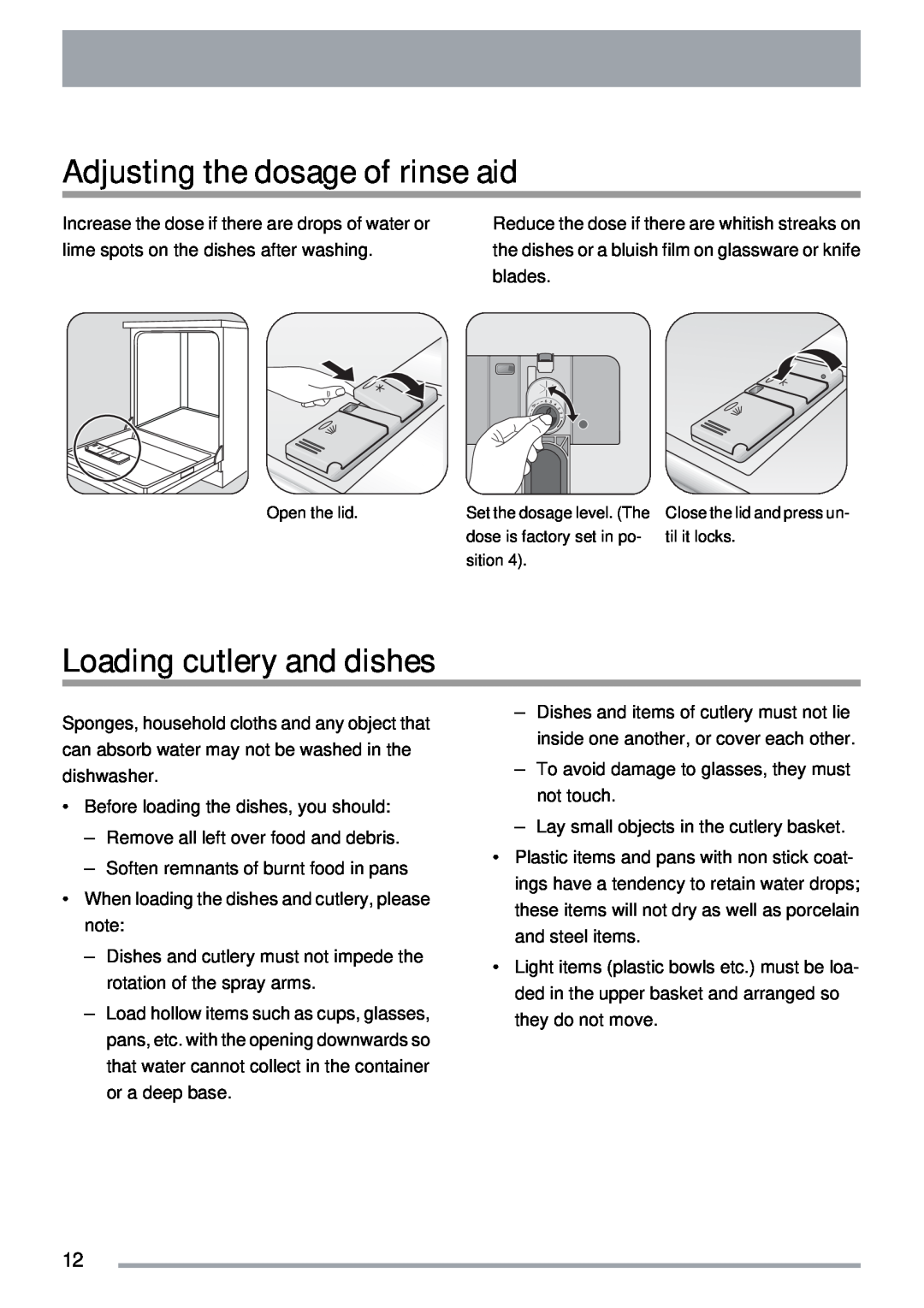 Zanussi ZDT40 user manual Adjusting the dosage of rinse aid, Loading cutlery and dishes 