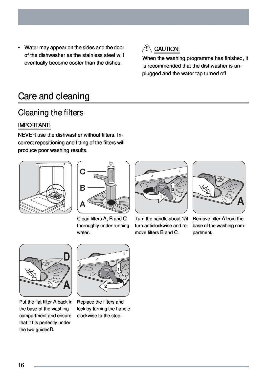 Zanussi ZDT40 user manual Care and cleaning, Cleaning the filters 