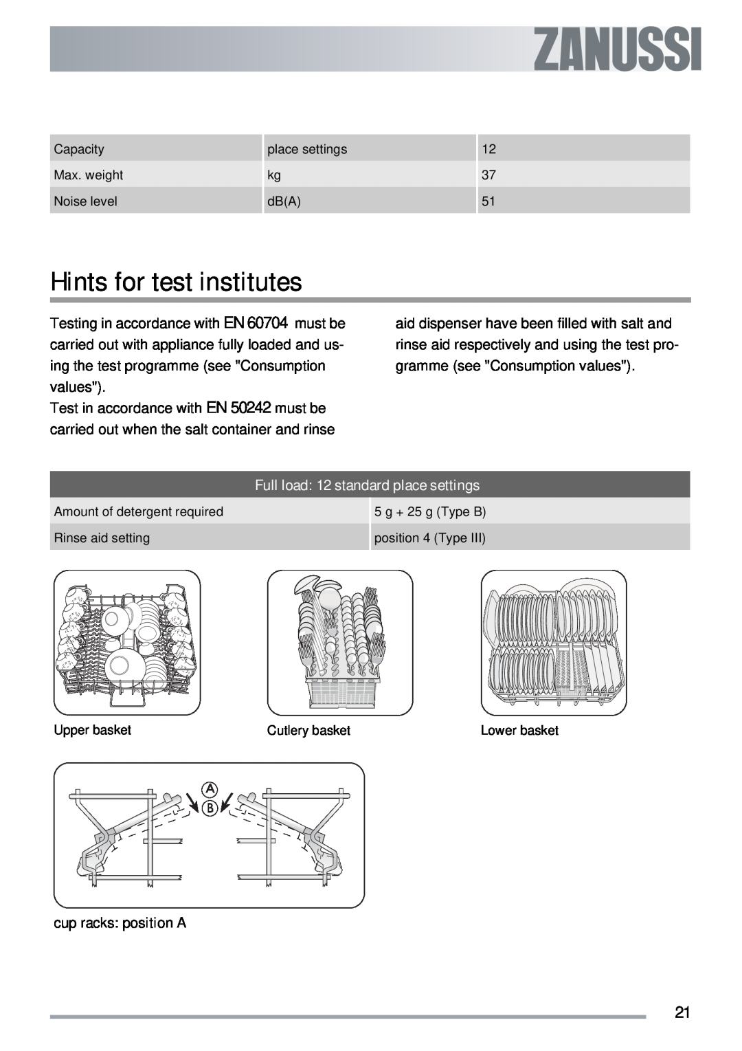 Zanussi ZDT40 user manual Hints for test institutes, Full load 12 standard place settings, cup racks position A 