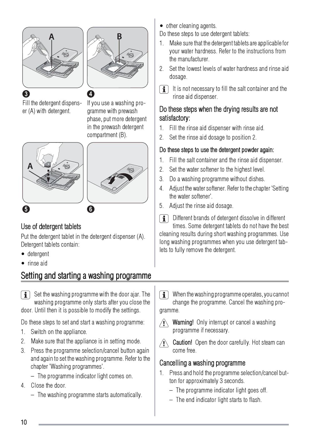 Zanussi ZDT41 manual Setting and starting a washing programme, Use of detergent tablets, Cancelling a washing programme 