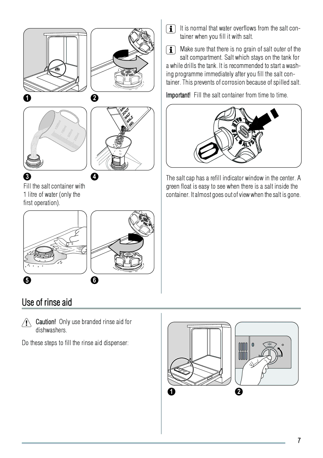 Zanussi ZDT41 manual Use of rinse aid, Important! Fill the salt container from time to time 