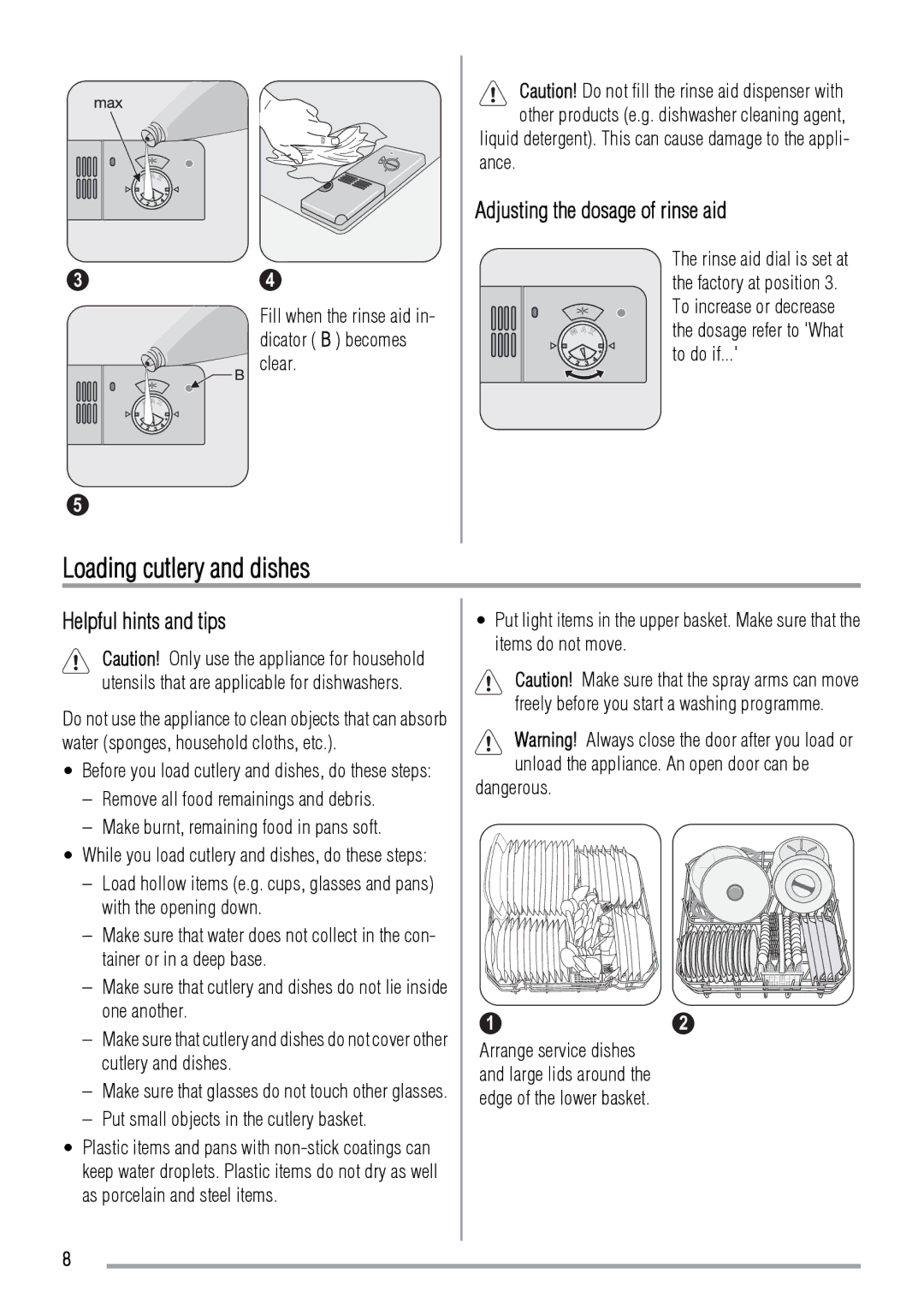 Zanussi ZDT41 manual Loading cutlery and dishes, Adjusting the dosage of rinse aid, Helpful hints and tips 