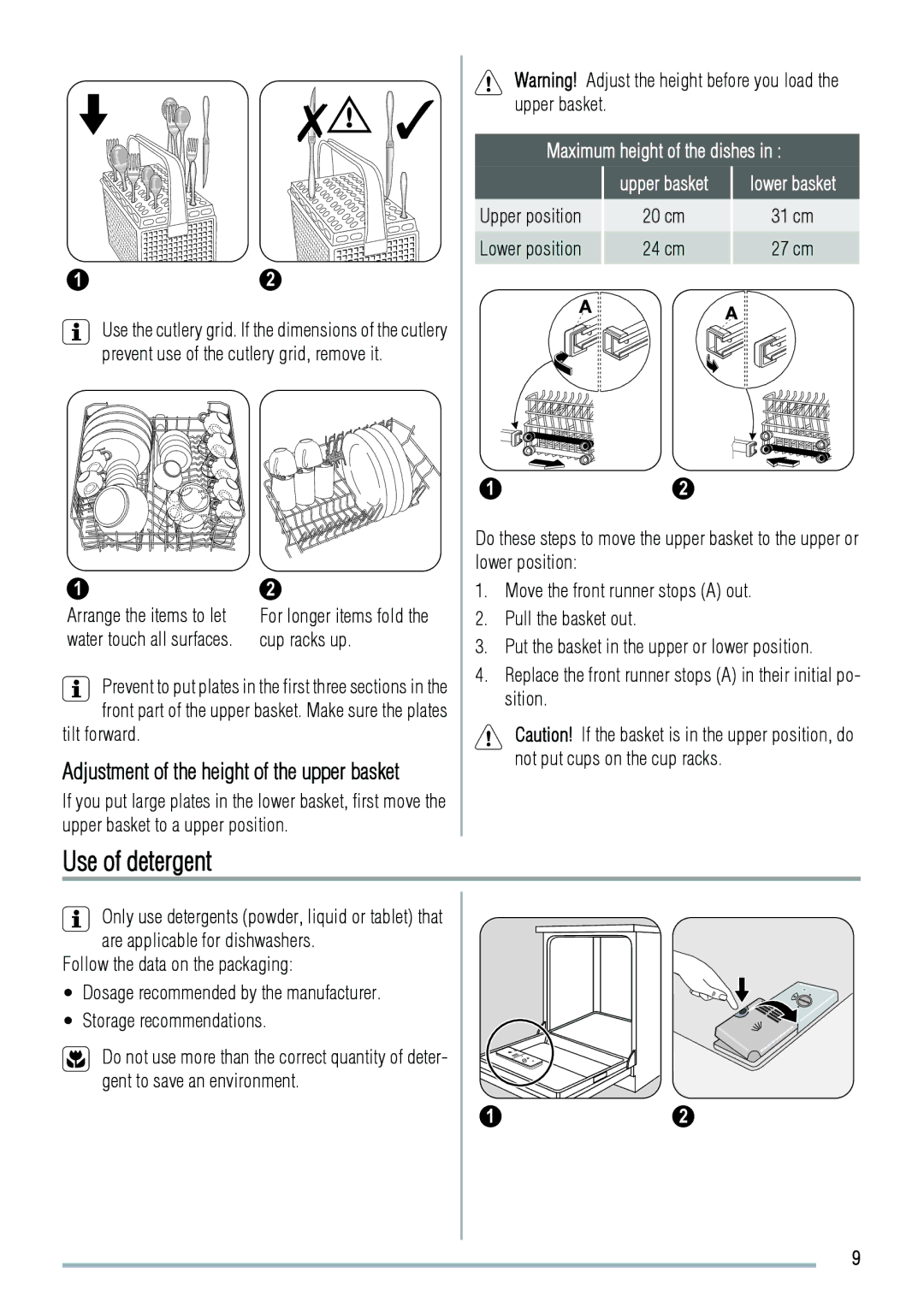 Zanussi ZDT41 manual Use of detergent, Maximum height of the dishes, Upper position, Lower position 