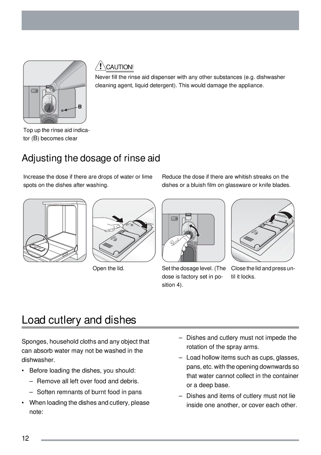 Zanussi ZDTS 101 user manual Load cutlery and dishes, Adjusting the dosage of rinse aid 