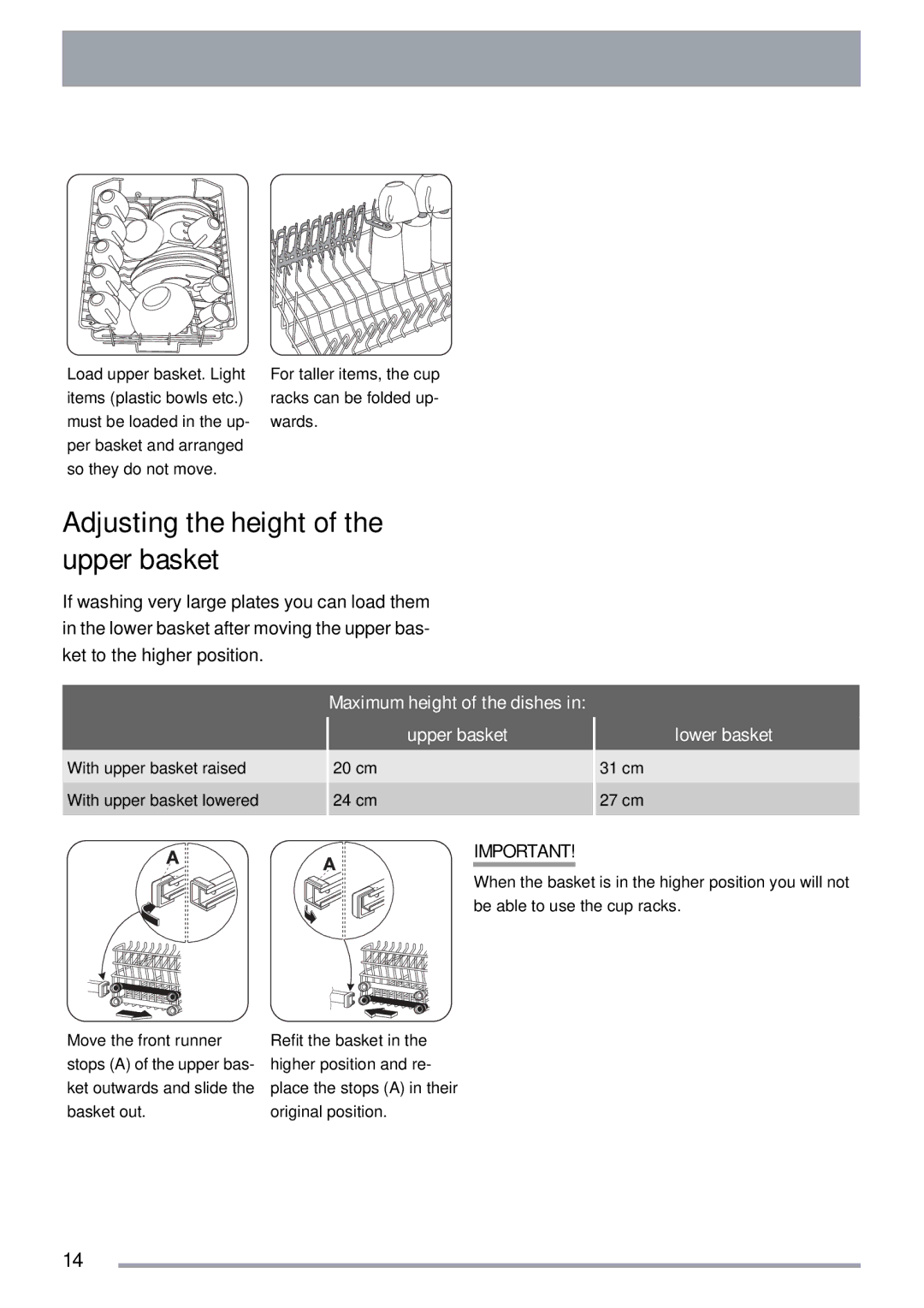 Zanussi ZDTS 101 Adjusting the height of the upper basket, Maximum height of the dishes, Upper basket, Lower basket 