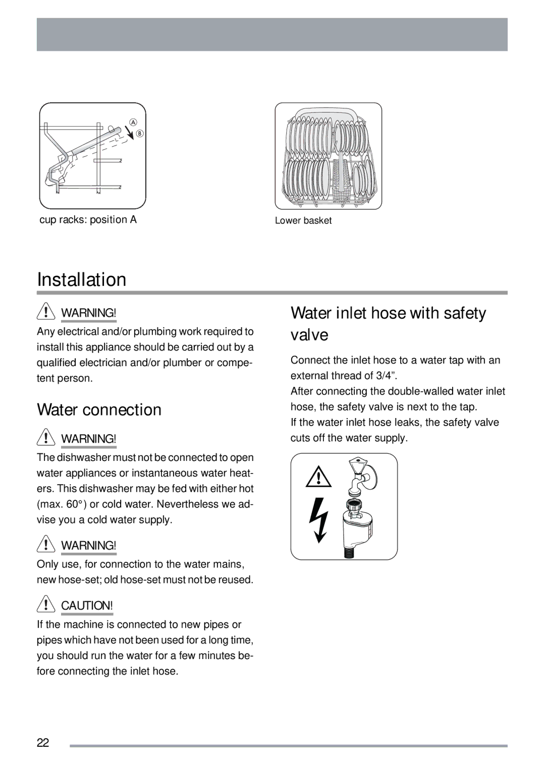 Zanussi ZDTS 101 user manual Installation, Water connection, Water inlet hose with safety valve 