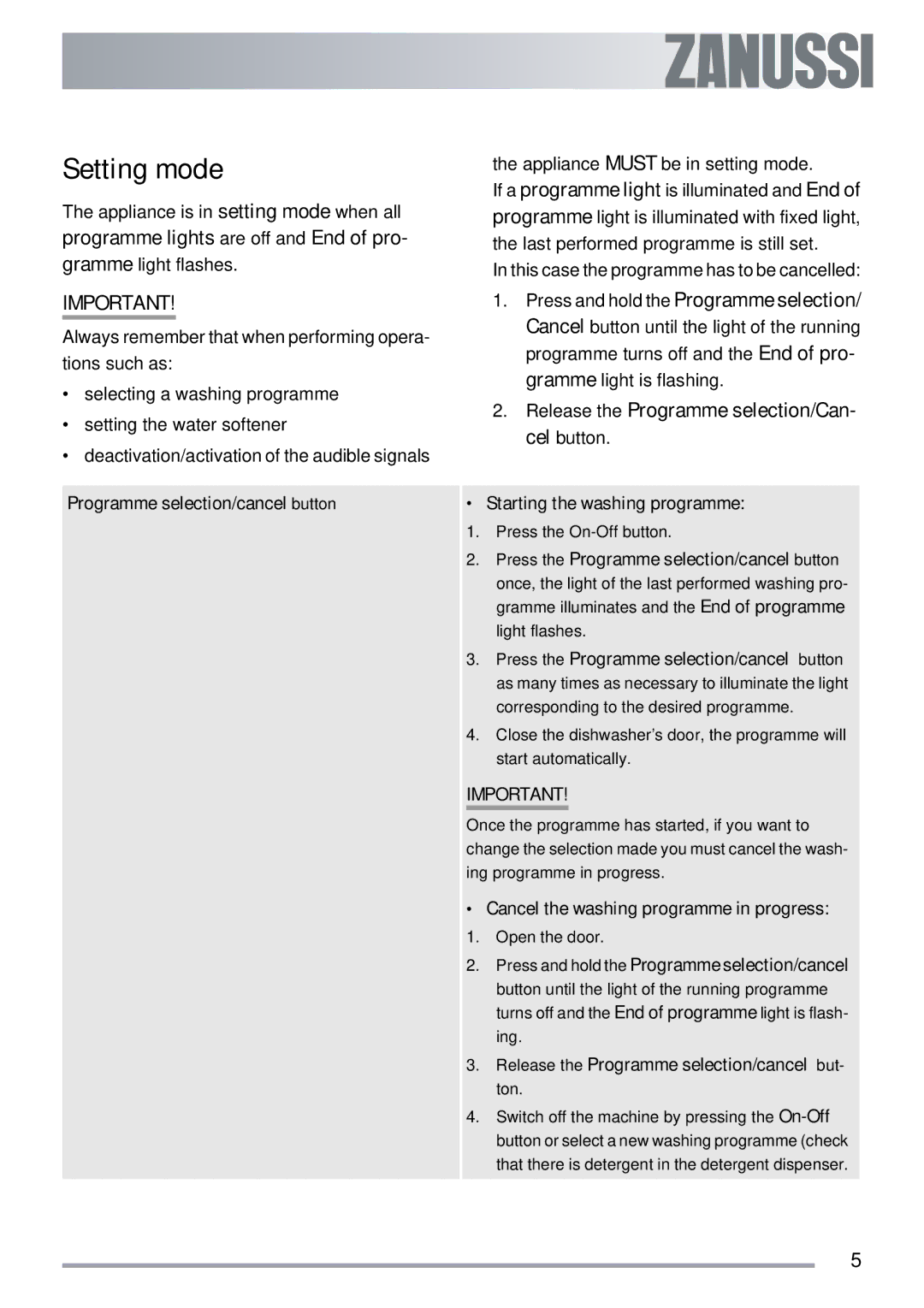 Zanussi ZDTS 101 user manual Setting mode, Release the Programme selection/Can- cel button 