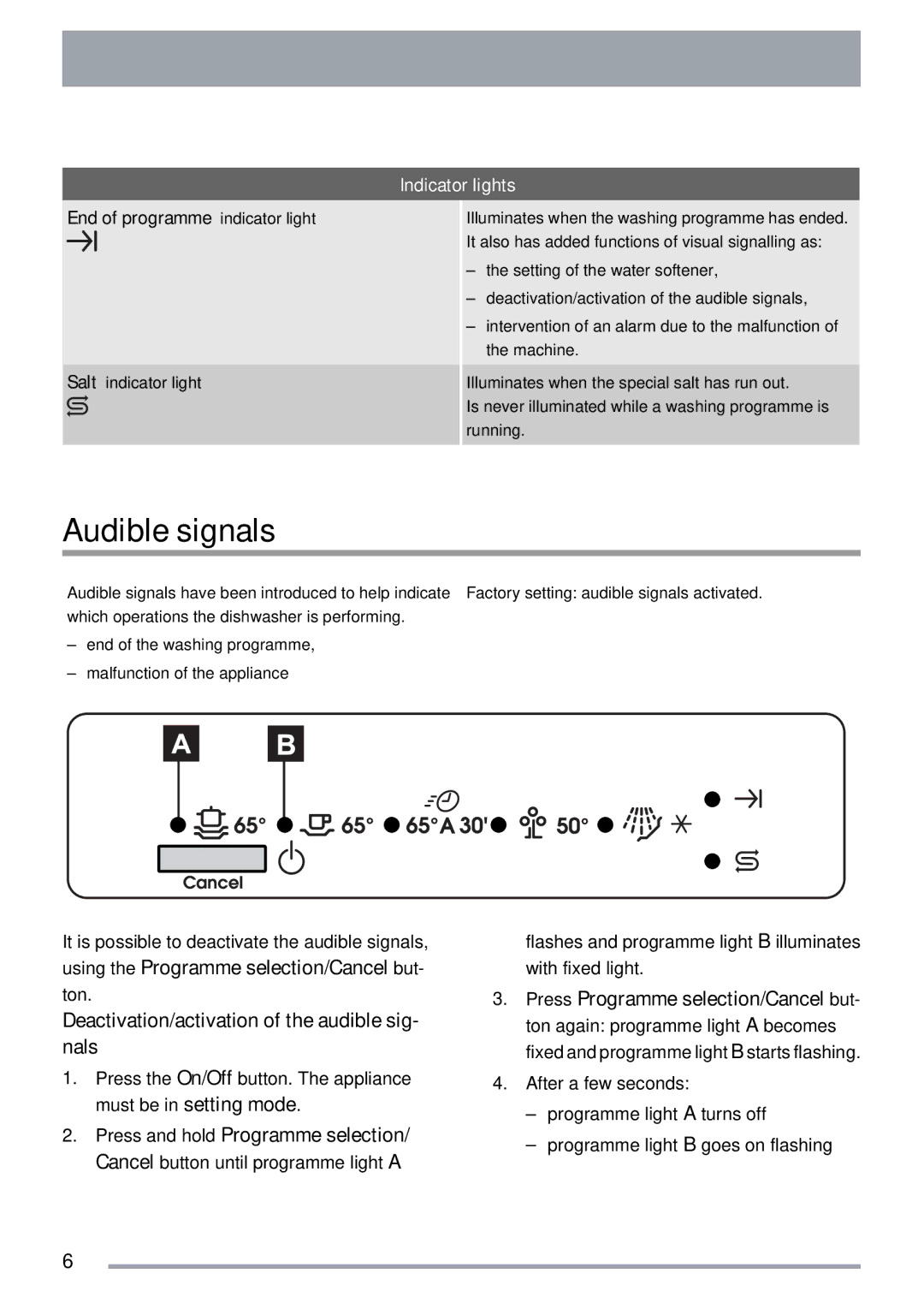 Zanussi ZDTS 101 user manual Audible signals, Indicator lights 