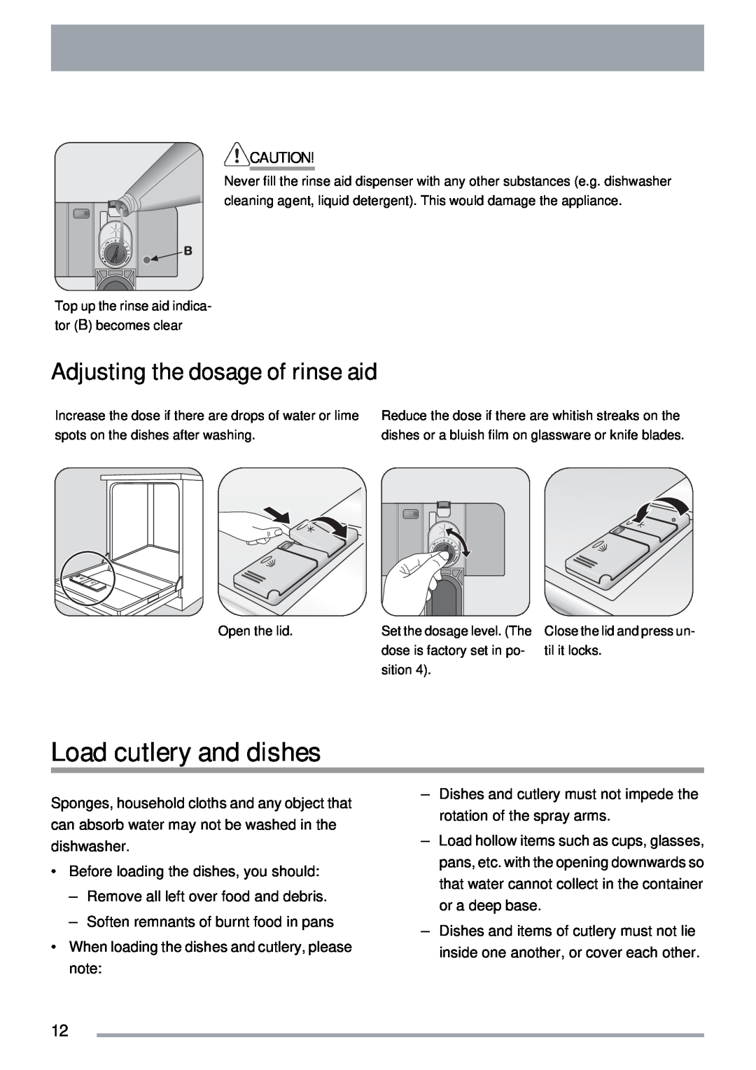 Zanussi ZDTS 101 user manual Load cutlery and dishes, Adjusting the dosage of rinse aid 