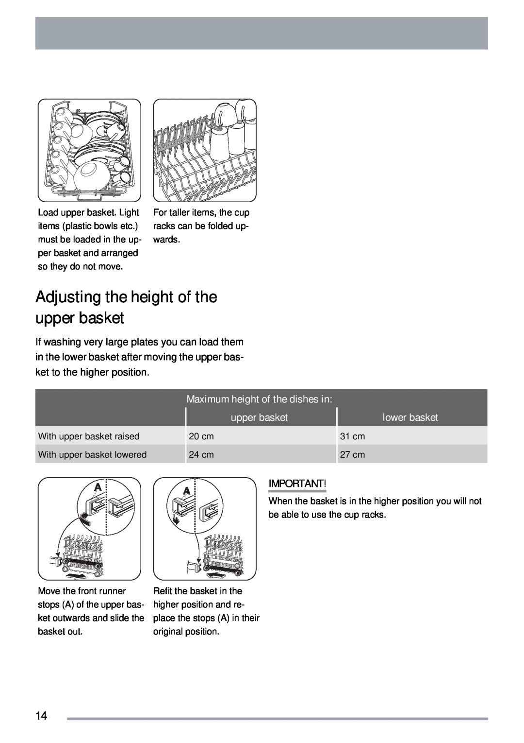 Zanussi ZDTS 101 user manual Adjusting the height of the upper basket, Maximum height of the dishes in, lower basket 