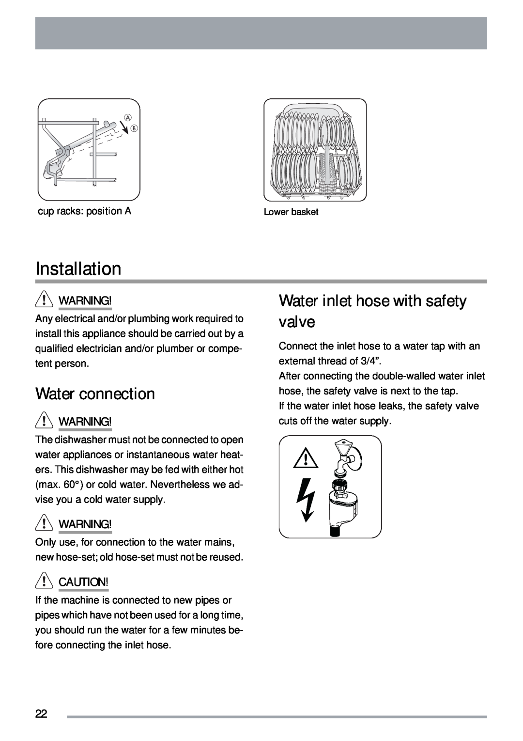Zanussi ZDTS 101 user manual Installation, Water connection, Water inlet hose with safety valve 
