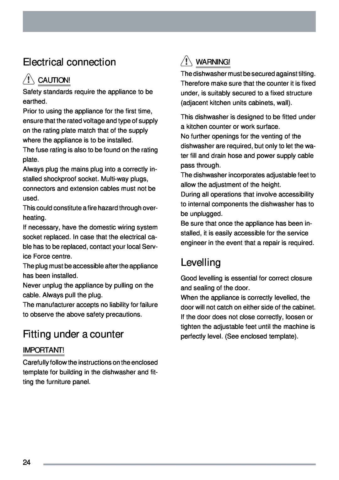 Zanussi ZDTS 101 user manual Electrical connection, Fitting under a counter, Levelling 
