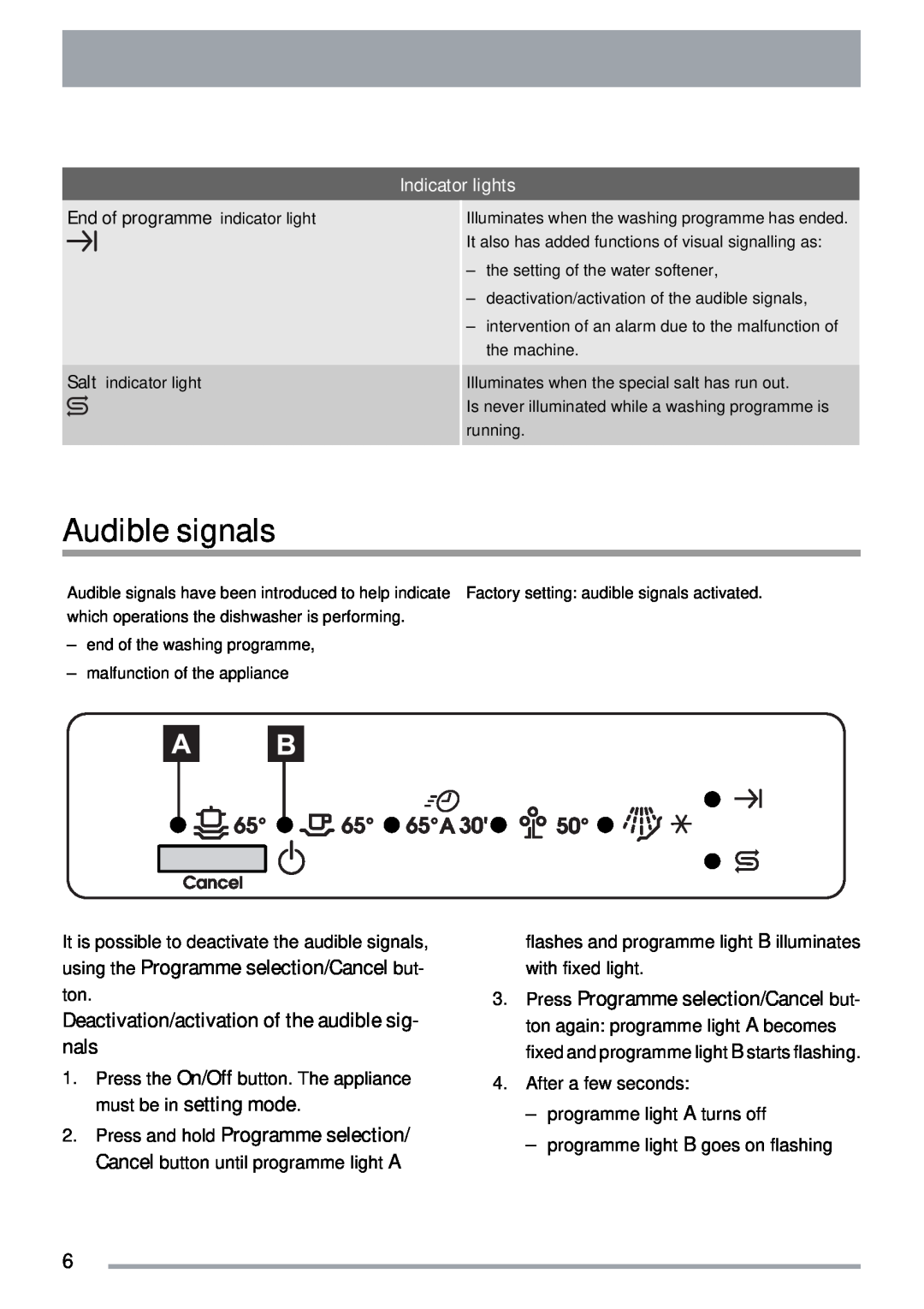 Zanussi ZDTS 101 user manual Audible signals, Deactivation/activation of the audible sig- nals, Indicator lights 