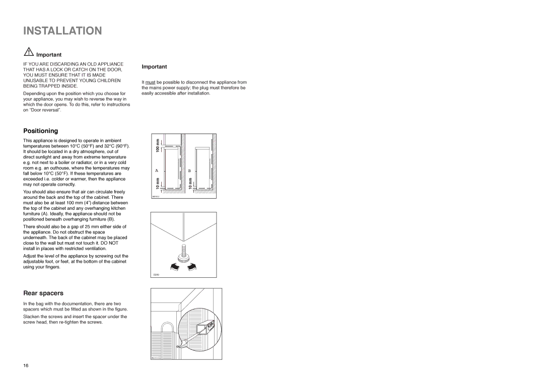 Zanussi ZE 76/3 W manual Installation, Positioning, Rear spacers 